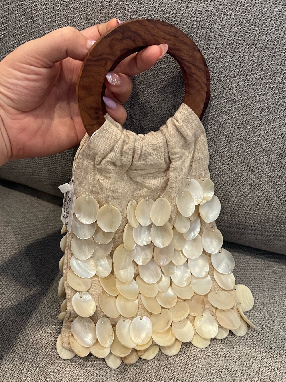 New Beige Linen Sea Shell Handmade Linen Capiz Shell Purse with Wood Handle